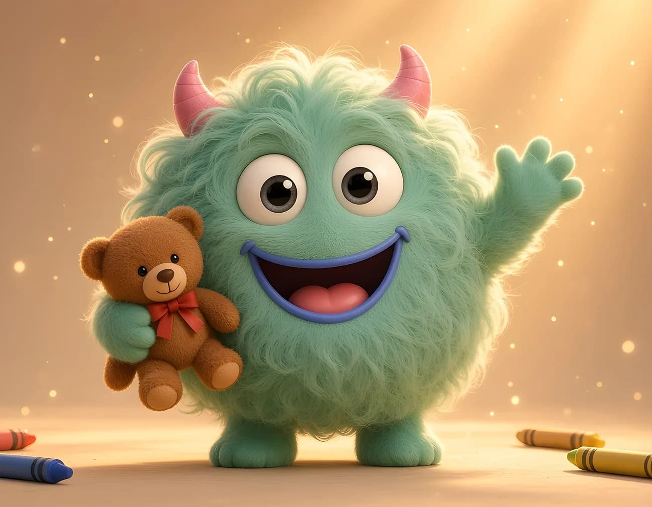 Page 1: Puff, a fluffy mint-green monster with pink horns, hugs a tiny teddy bear.