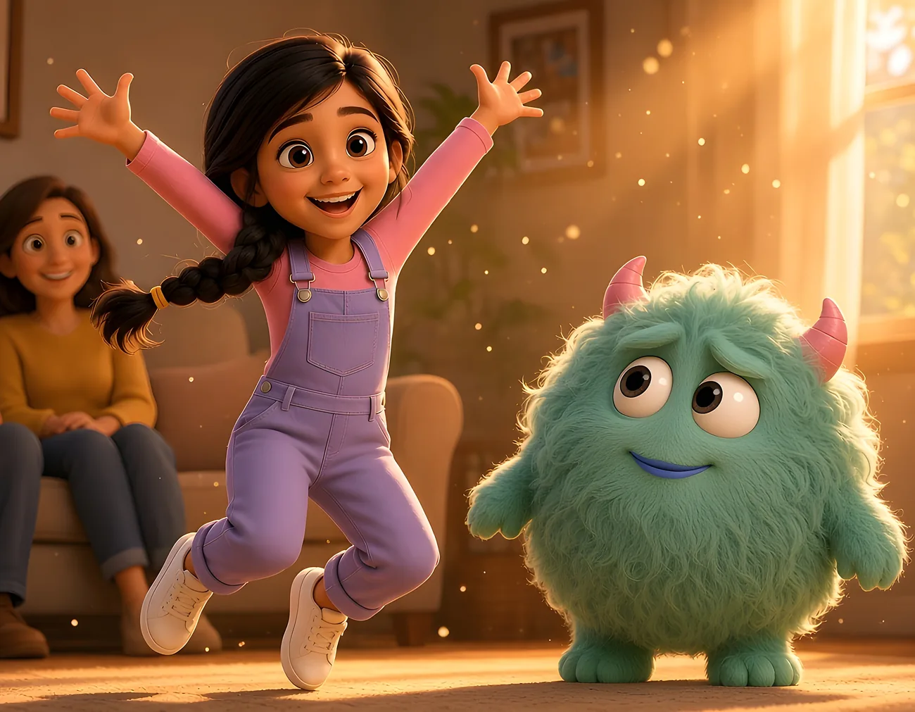 Page 3: Priya bounces with joy beside her parents on the couch while Puff stops mid-jump, puzzled.
