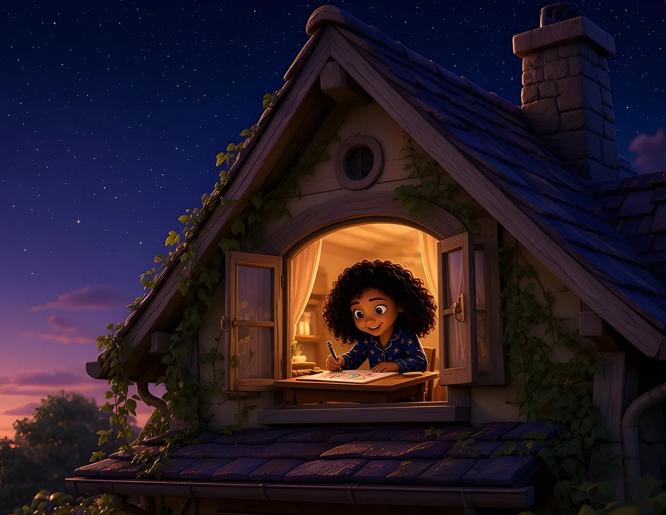 Sample page with a girl drawing at a glowing window