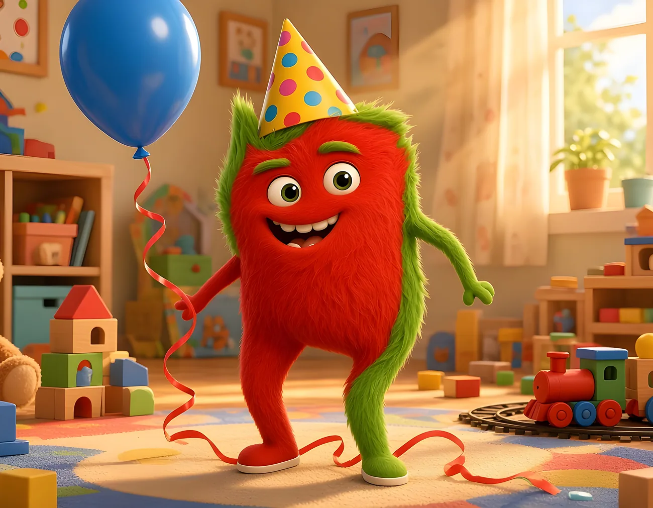 Page 1: Blarb, a fuzzy red and green monster in a party hat, waves beside a blue balloon.