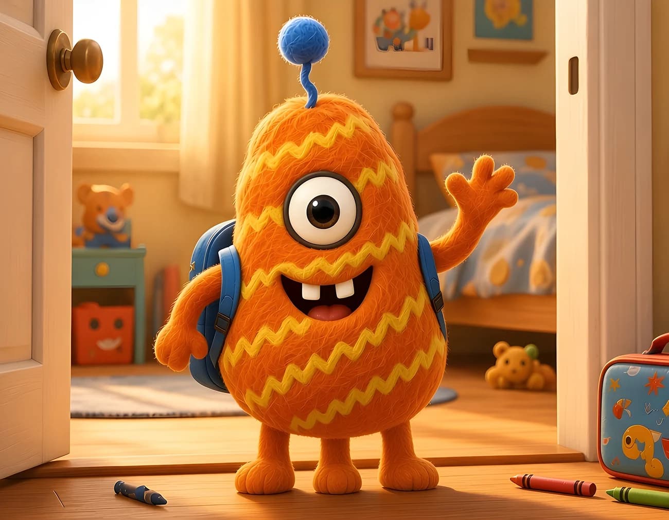 Page 1: This book belongs to Theo, whose monster was brave enough for school. Zig, an orange one-eyed monster with a blue backpack, waves hello.