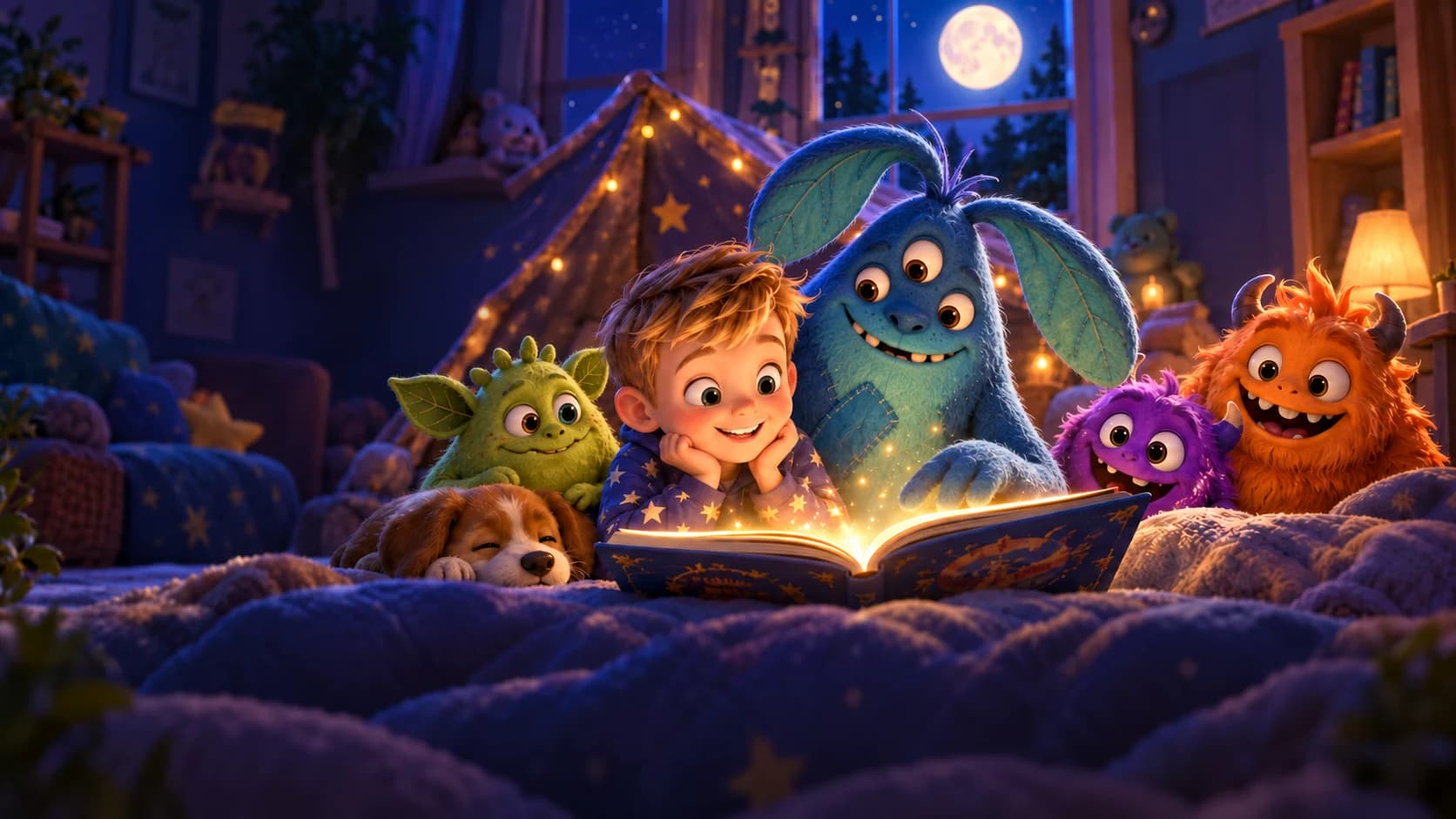 A child reading a glowing storybook with a group of original, colorful monsters in a cozy blanket fort