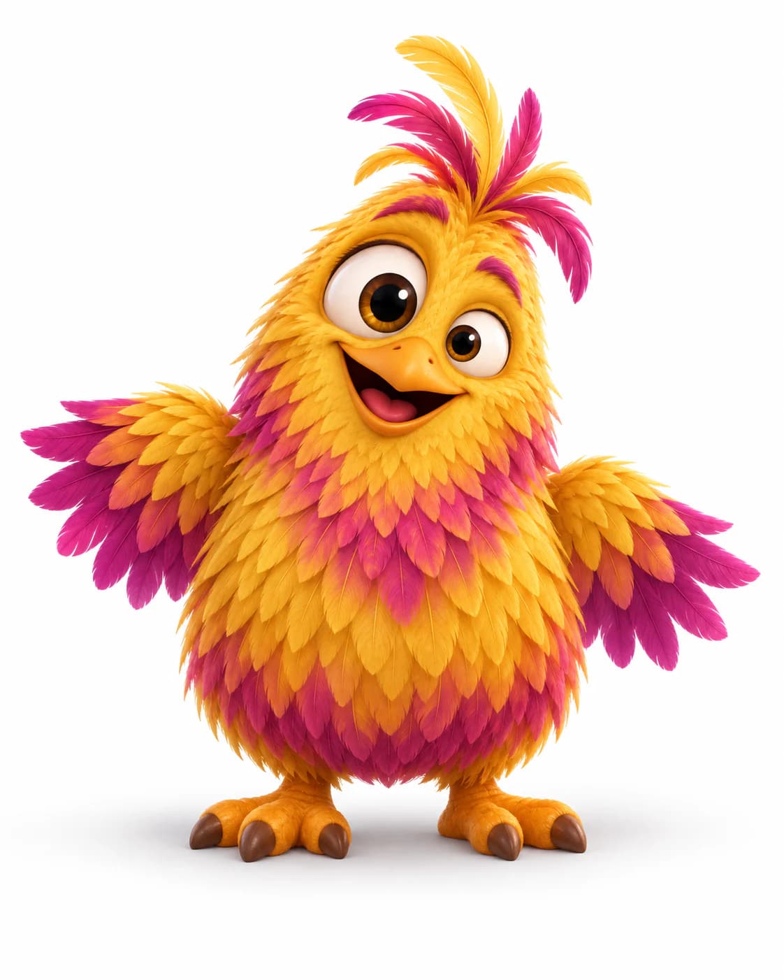 A round golden-yellow and magenta feathered monster with wings and three-toed feet.