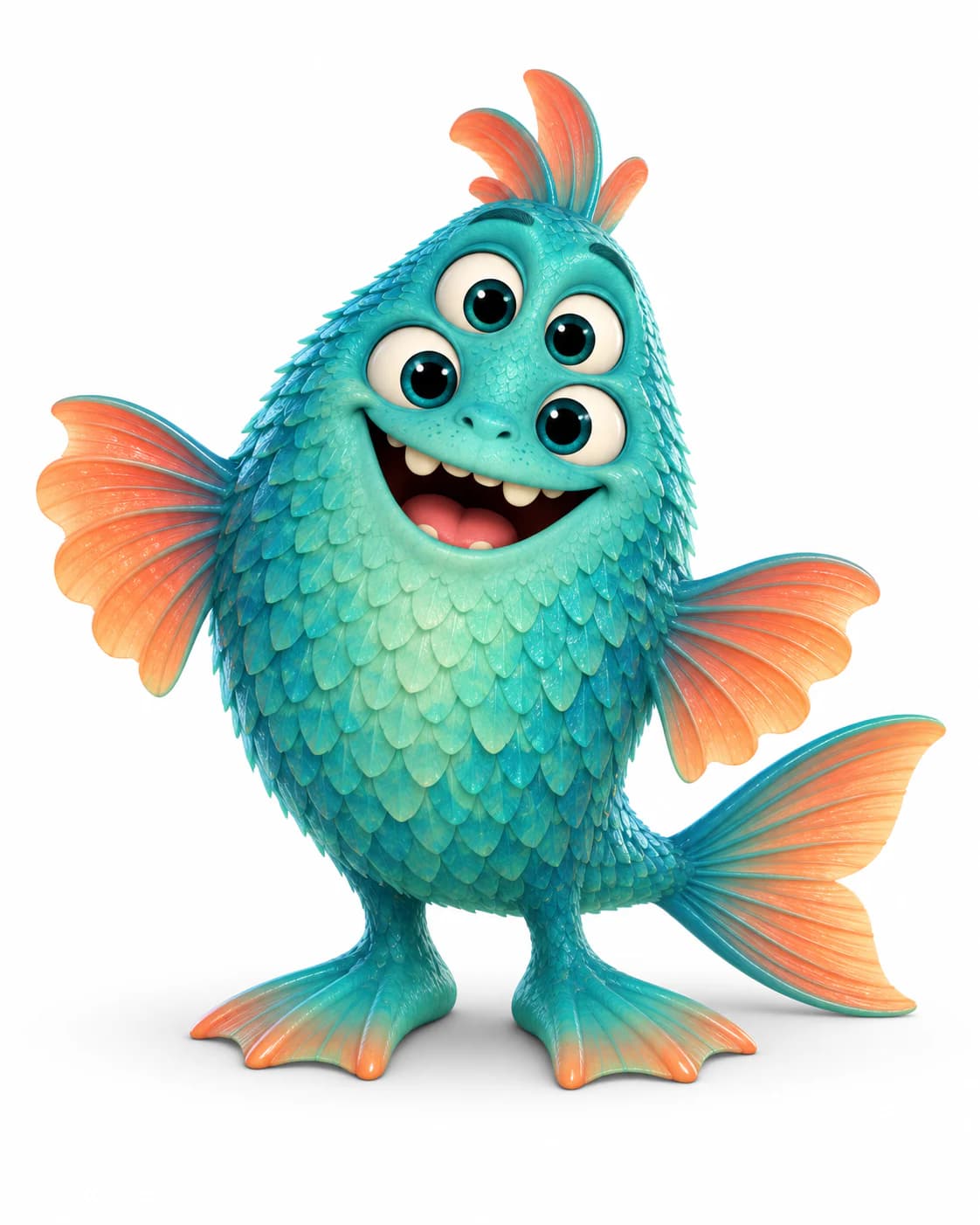A turquoise four-eyed monster covered in scales with coral fins, a fish tail, and webbed feet.