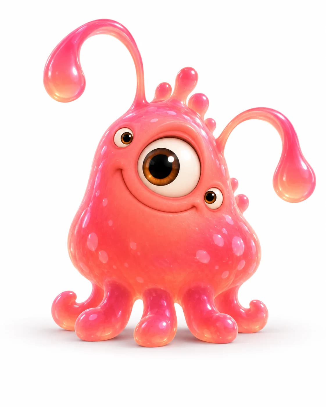 A glossy coral-pink jelly monster with three eyes, five tentacle feet, and two long feelers.
