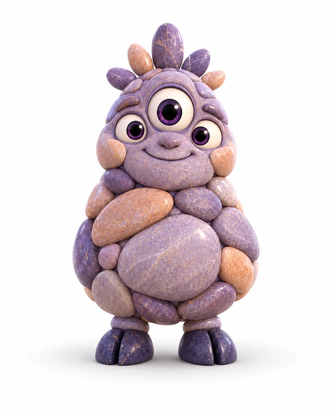 A friendly three-eyed monster made from smooth lavender and peach stones with dark cloven hooves.