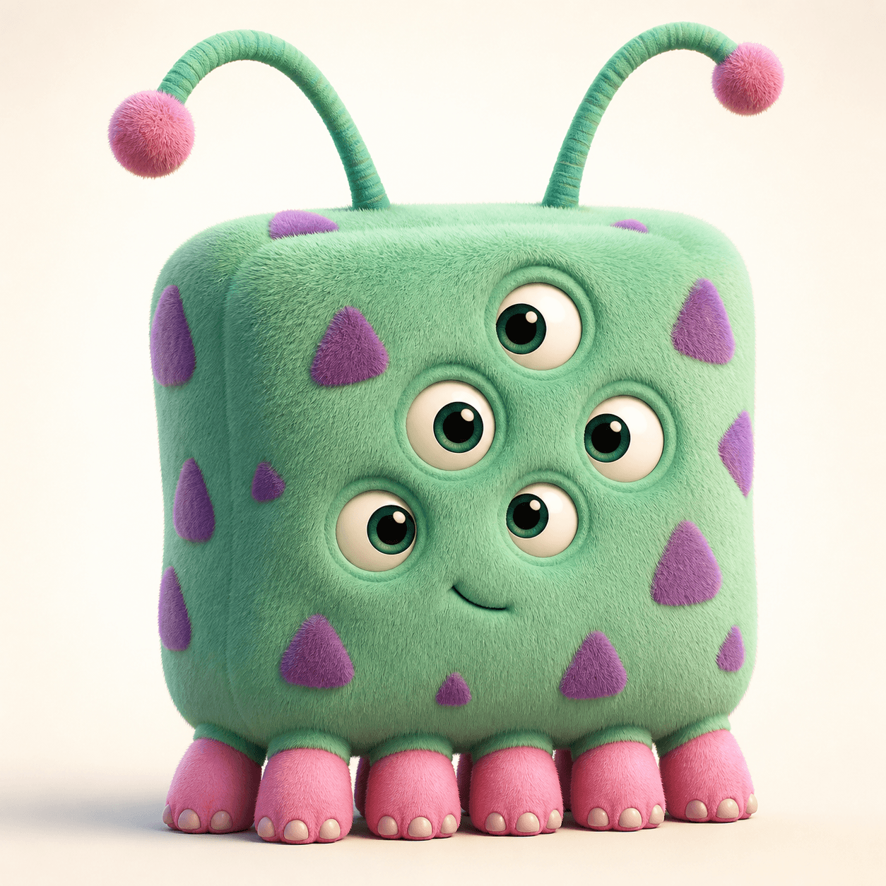 A cheerful green cube-shaped storybook monster with five eyes, purple spots, and pink feet.
