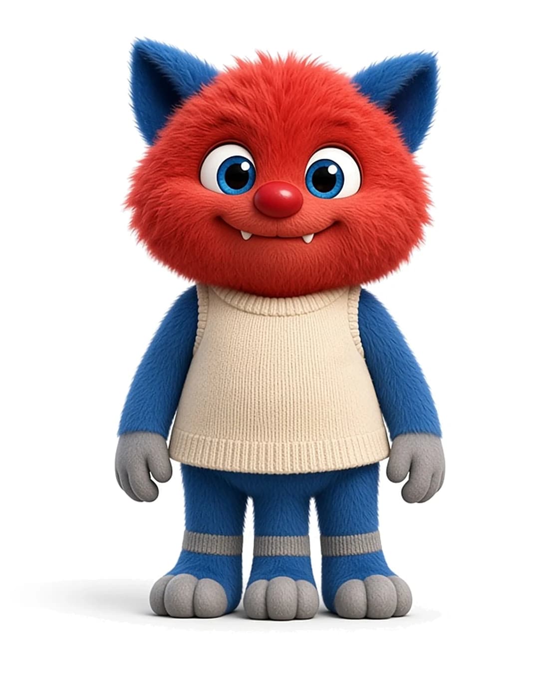 Larry, a fluffy red monster with blue cat ears, blue arms, a cream knit vest, and three blue legs, standing and smiling.