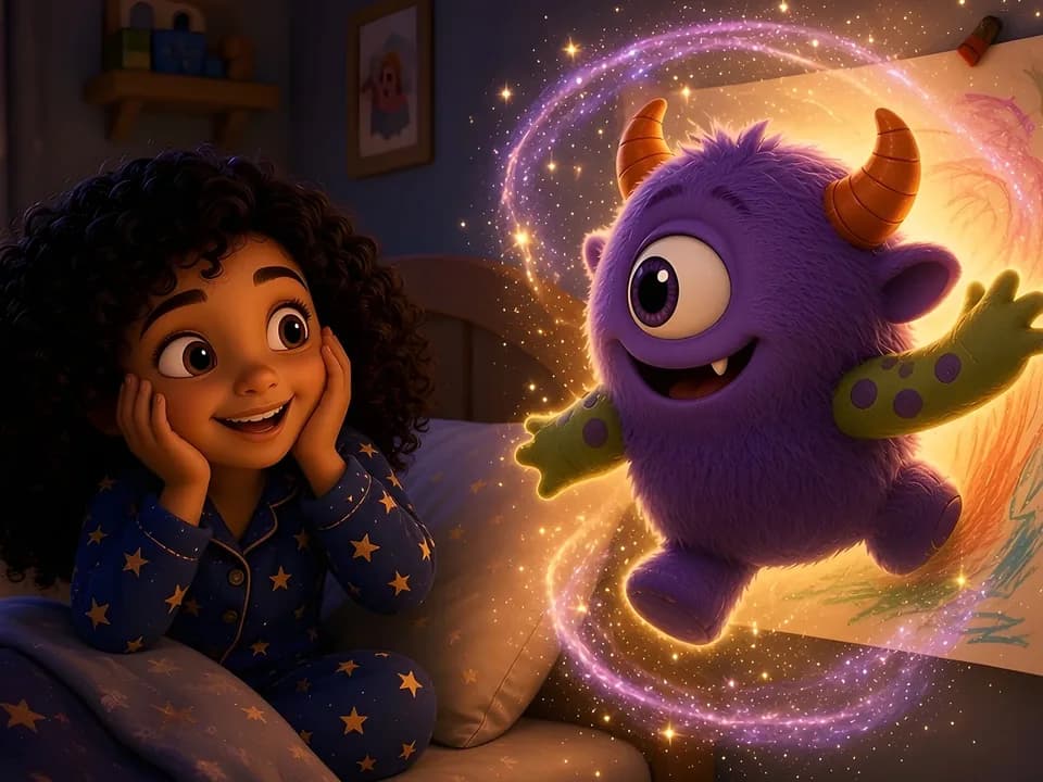 Maya and her illustrated monster Bloop ready for a storybook adventure