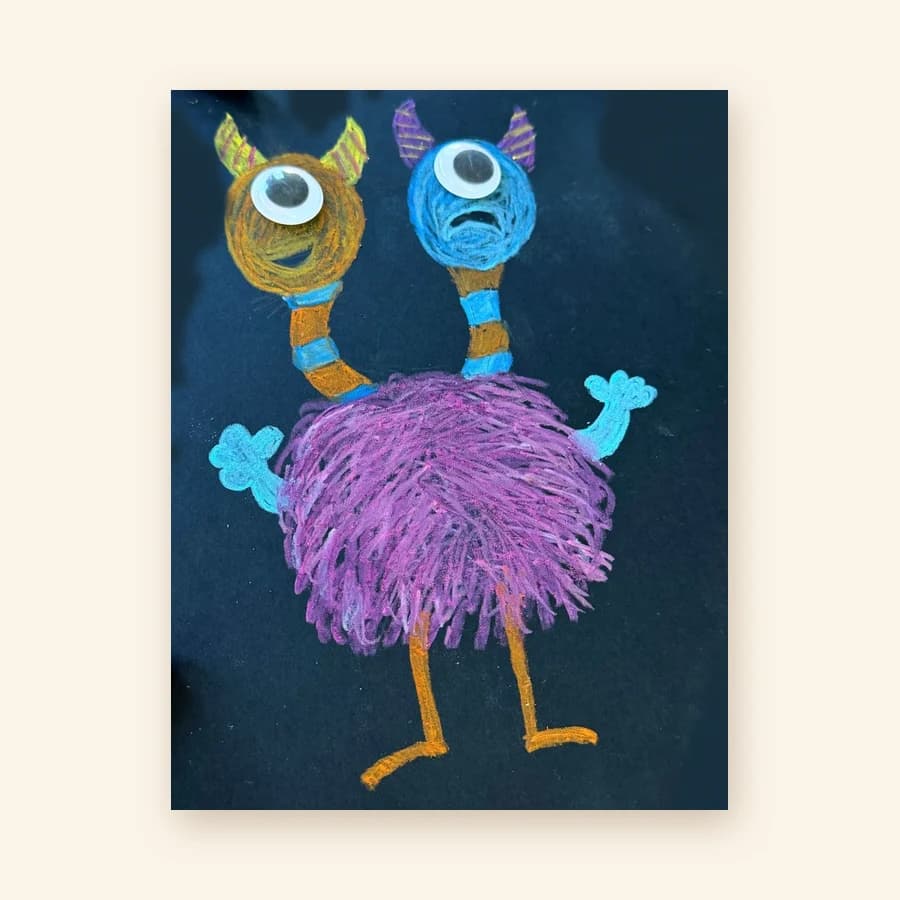Luke's original crayon drawing of Bobs, his two-headed monster