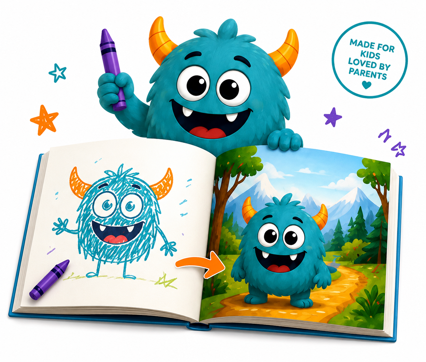 A friendly blue monster holding a crayon behind an open book showing a child's monster drawing transformed into a colorful storybook scene.