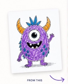Original purple monster drawing with arms, legs, and a smiling face.