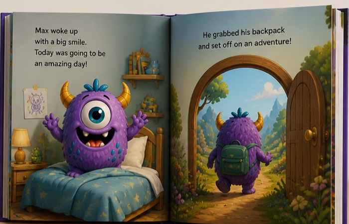 A sample storybook page spread with a custom monster in a colorful scene.
