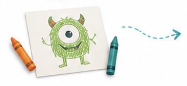A child's green monster drawing on paper with crayons and a dotted arrow.