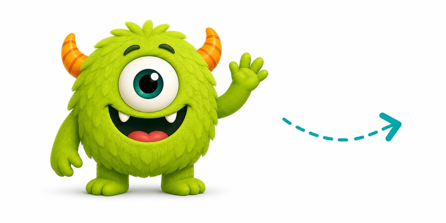 A polished green monster with orange horns waving beside a dotted arrow.