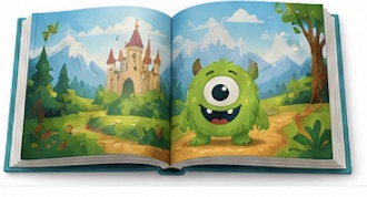 An open storybook showing a green monster in a magical landscape.
